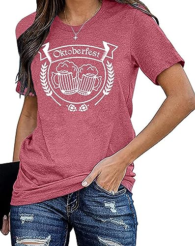 Trachtenshirt Damen Cute Oktoberfest Graphics T-Shirts Frauen Karneval Lässiges Kurzärmeliges Tops （Rosa,X-Large von tiorhooe