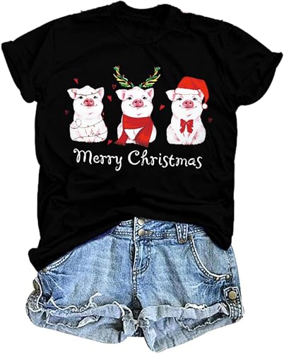 tiorhooe Weihnachten Schwein T-Shirts für Damen Cute Weihnachts Shirt Frauen Graphic Print Tees von tiorhooe