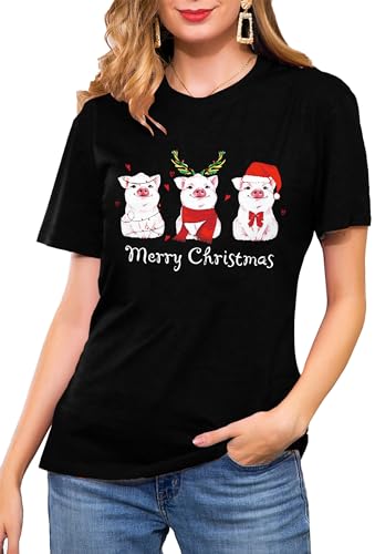 Weihnachten Schwein T-Shirts für Damen Cute Weihnachts Shirt Frauen Graphic Print Tees （Schwarz,Klein von tiorhooe