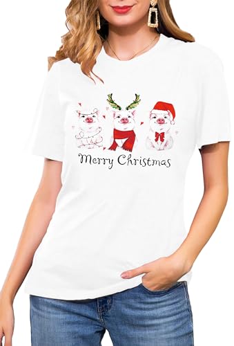 Weihnachten Schwein T-Shirts für Damen Cute Weihnachts Shirt Frauen Graphic Print Tees （Weiß,Groß von tiorhooe