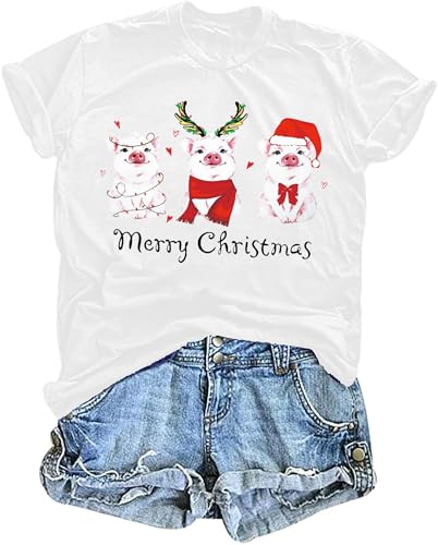 tiorhooe Weihnachten Schwein T-Shirts für Damen Cute Weihnachts Shirt Frauen Graphic Print Tees von tiorhooe
