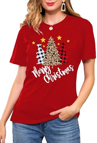 Weihnachten T-Shirt Damen Cute Weihnachts Baum Graphic Shirt Frauen Buffalo Plaid T-Tops （Rot,X-Large von tiorhooe