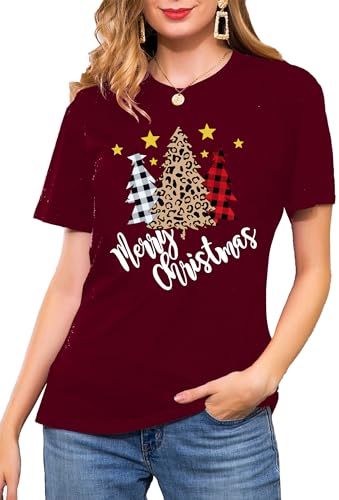 Weihnachten T-Shirt Damen Cute Weihnachts Baum Graphic Shirt Frauen Buffalo Plaid T-Tops （Rot-1,Groß von tiorhooe