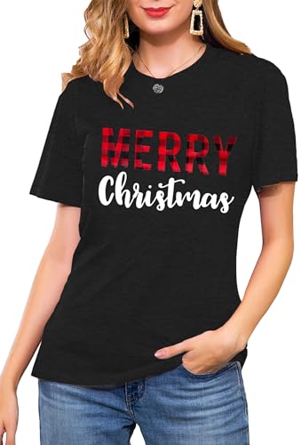 Weihnachts Shirt Damen Merry Christmas Print T-Shirt Frauen Weihnachten Buchstaben Druck Tees （Grau,Mittel von tiorhooe