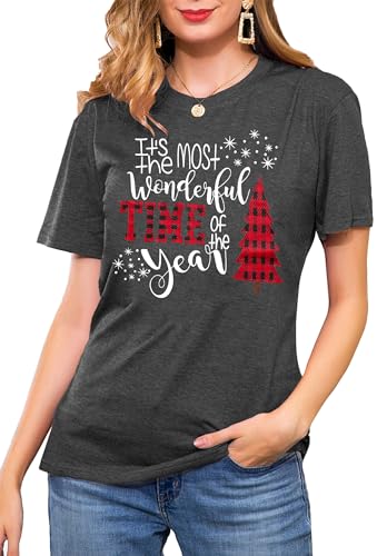 Weihnachts T-Shirts für Damen Cute Weihnachten Baum Shirt Frauen Graphic Print Tees （Grau,Mittel von tiorhooe