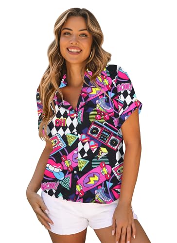 tiorhooe 80er 90er Jahre Hawaiihemd für Damen Sommer Retro Hawaii Kurzarm Shirts Damen Vintage Button Down Tops, schwarz 2, L von tiorhooe
