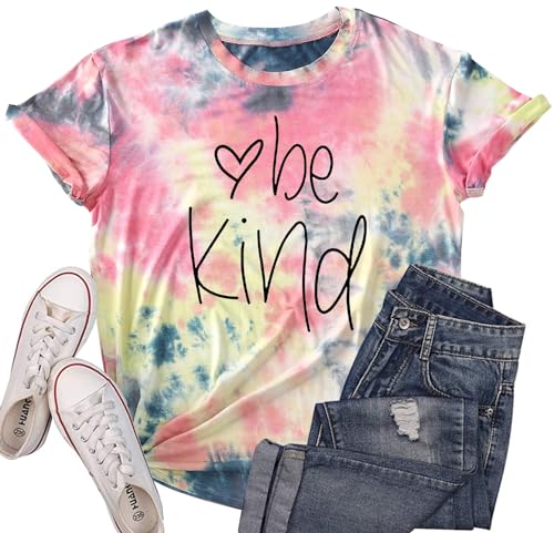 tiorhooe Batik Shirt Damen Be Kind Gradient Regenbogen T-Shirts Frauen Inspirative Lehrer Kurze Ärmel von tiorhooe