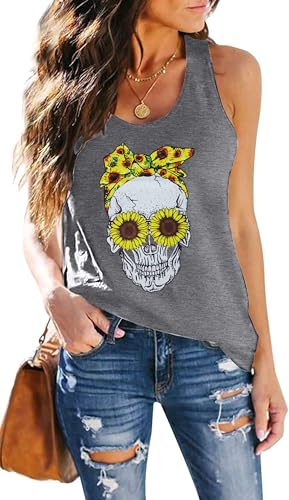 tiorhooe Damen Totenkopf Tank Tops Frauen Ärmellose Skull Sonnenblume T-Shirt Frau Lustig Schädel Shirts von tiorhooe