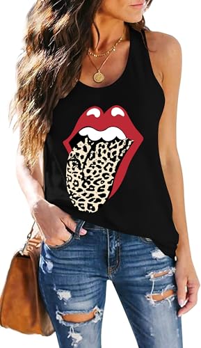 tiorhooe Frauen Tank Top Leopardenmuster Damen Lippenmuster T-Shirt Frau Lippe Und Zunge Graphic Print Shirts von tiorhooe
