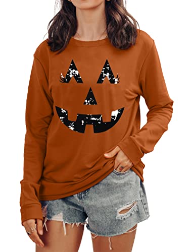 tiorhooe Halloween Pullover Damen Cute Kürbis Graphic Sweatershirt Frauen Halloween Langarm Tops (Braun, Groß) von tiorhooe