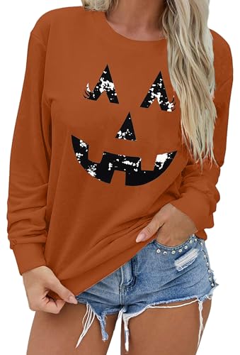 tiorhooe Halloween Pullover Damen Cute Kürbis Graphic Sweatershirt Frauen Halloween Langarm Tops (Braun, Klein) von tiorhooe