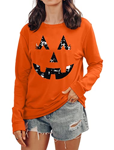 tiorhooe Halloween Pullover Damen Cute Kürbis Graphic Sweatershirt Frauen Halloween Langarm Tops (Orange2, Klein) von tiorhooe