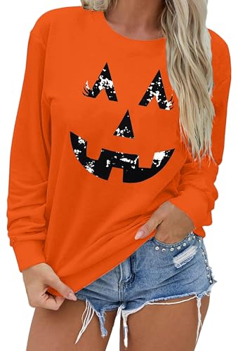 Halloween Pullover Damen Cute Kürbis Graphic Sweatershirt Frauen Halloween Langarm Tops (Orange2, Mittel) von tiorhooe