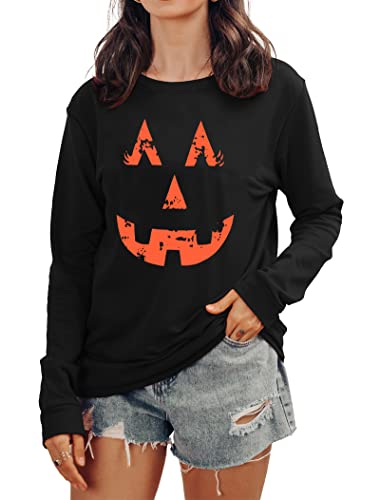 tiorhooe Halloween Pullover Damen Cute Kürbis Graphic Sweatershirt Frauen Halloween Langarm Tops (Schwarz, Groß) von tiorhooe