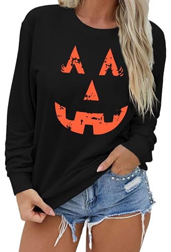 tiorhooe Halloween Pullover Damen Cute Kürbis Graphic Sweatershirt Frauen Halloween Langarm Tops (Schwarz, Klein) von tiorhooe