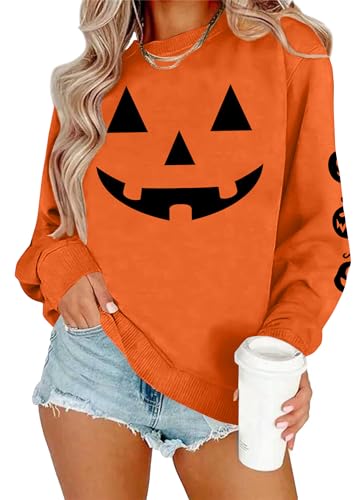 tiorhooe Halloween Pullover Damen Spooky Pullover Frauen Halloween Kürbis Graphic Sweatershirt von tiorhooe