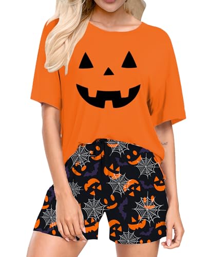 tiorhooe Halloween Schlafanzug Damen Kürbis Pyjama Set Kurzarm Zweiteiliger Frauen Schlafanzüge Sleepwear für Halloween von tiorhooe
