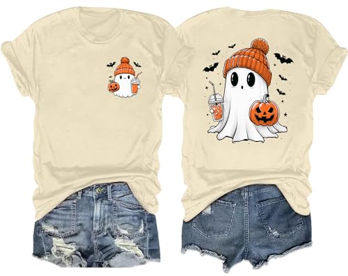 tiorhooe Halloween Shirt Damen Süßer Geist Gruselige Graphic T-Shirt Kürbis Halloween Tshirt von tiorhooe