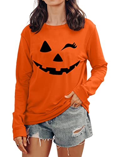 tiorhooe Halloween Pullover Damen Cute Kürbis Graphic Sweatershirt Frauen Halloween Langarm Tops (Orange1, Groß) von tiorhooe