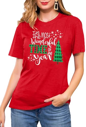 tiorhooe Weihnachts T-Shirts für Damen Cute Weihnachten Baum Shirt Frauen Graphic Print Tees von tiorhooe