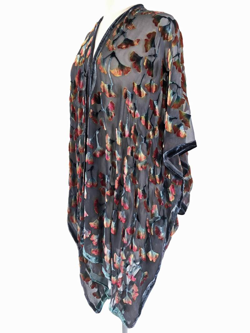 Ausbrenner Samt Kimono Schwarz Schal Handbemalte Seide Gingko Blätter Chiffon Hand Gefärbt Devore Ausbrenner Samt Kimono Schwarz Schal Handbemalte Seide Gingko Blätter Chiffon Hand Gefärbt Devore von tiresh