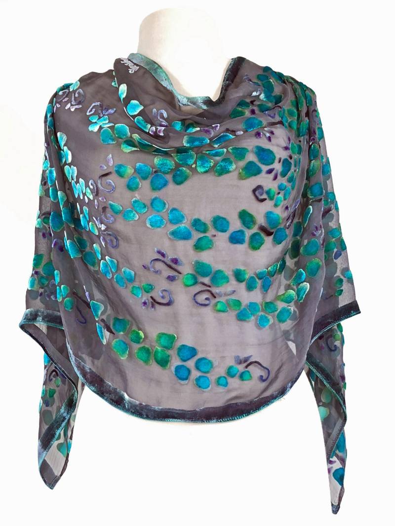 Ausbrenner Samt Schal Devore Poncho Handbemalt Seide Chiffon Ausbrenner Samt Schal Devore Poncho Handbemalt Seide Chiffon von tiresh