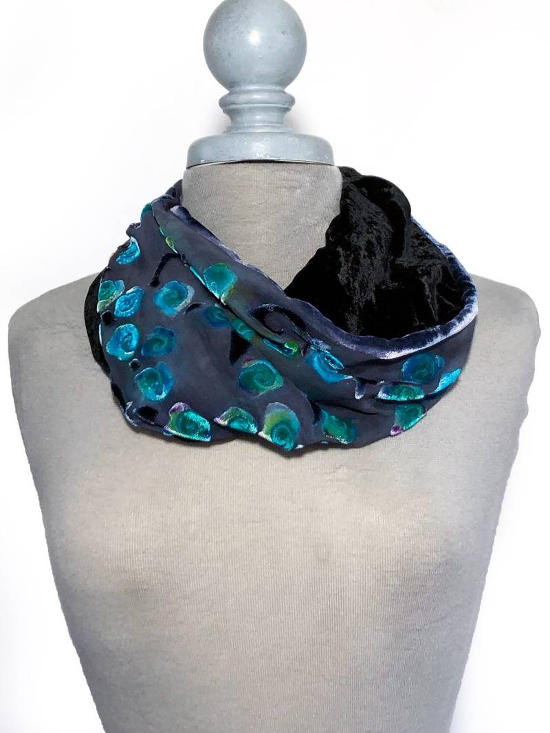 Ausbrenner Seidensamt, Hand Gefärbt, Circle Schal, Schlauchschal, Loop Schal in Grau Und Türkis Mit Schwarz von tiresh
