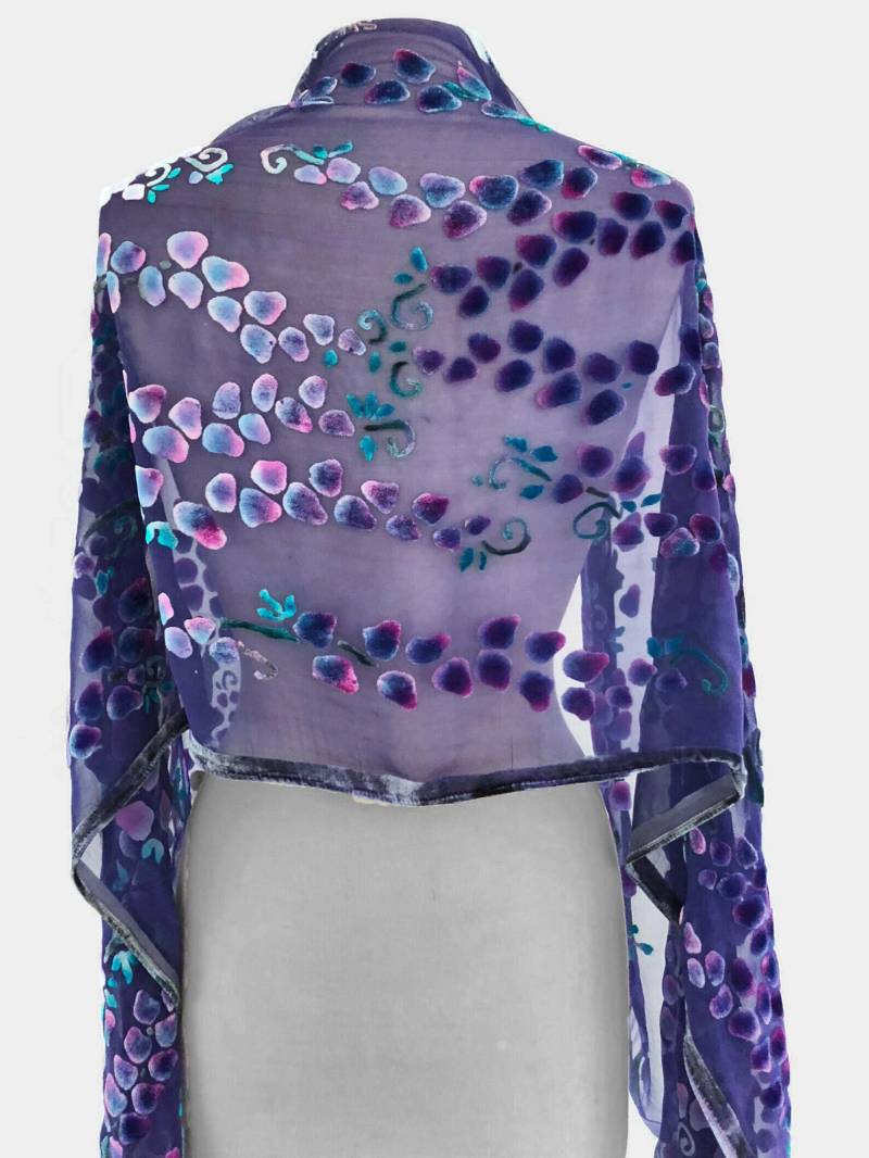Handbemalter Seiden Chiffon Schal Mit Ausbrenner Samt Muster Aus Weidenzweigen, Waschbar Handbemalter Seiden Chiffon Schal Mit Ausbrenner Samt Muster Aus Weidenzweigen, Waschbar von tiresh