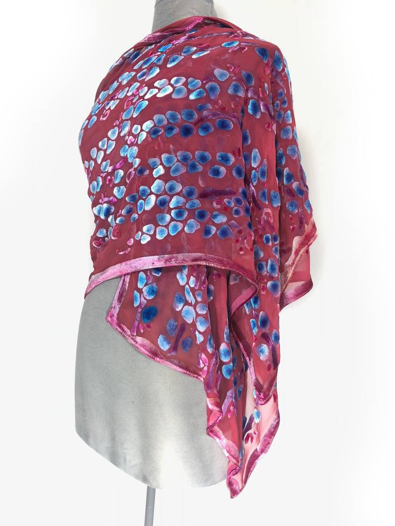 Roter Seiden Handbemalter Schal, Ausbrenner Samt Chiffon Wrap, Hand Gefärbt, Willows Muster. Luxuriös Weich, Waschbar von tiresh