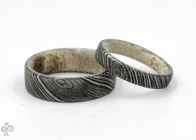 Damaszener Stahl Ring Ehering Set Geweihring Abgeschrägter Damaststahl 3 Bis 14 Mm Jubiläumsring von titaniumbands