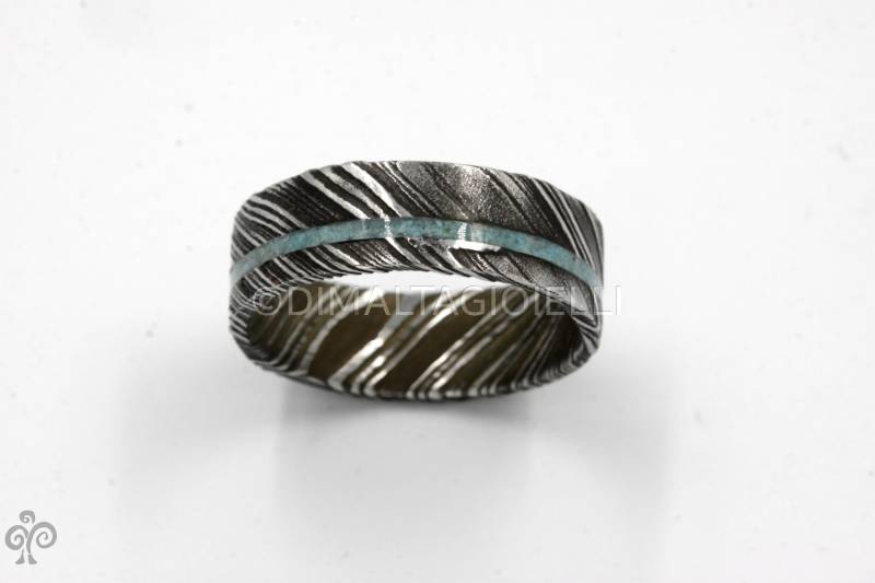 Ehering Aus Damaststahl Türkis-Einlage, Schwarzer Metallring von titaniumbands
