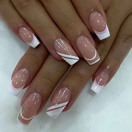 24 Stück lange Nägel zum Aufdrücken, French Fake Nails Full Cover Acryl Falsche Nägel Tips Sarg für Frauen und Mädchen French Fake Nails Hochzeit Nägel von tixoacke