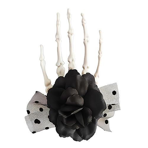 Skelett-Handkralle, Halloween-Haarspange, Netz-Blumen-Haarnadel, Cosplay-Kostüm, Kopf-Zubehör für weibliche Party-Requisiten, Gothic-Totenkopf-Haarschmuck, Rosen-Blume, Haar-Accessoire von tixoacke