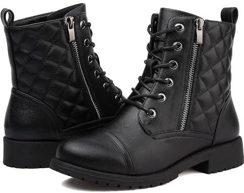 todaysunny Stiefeletten Damen Schnürstiefel Springerstiefel Schwarz Leder Wasserdichte Stiefeletten mit Reißverschluss Niedriger Absatz Schuhe Herbst Winter Combat Boots von todaysunny