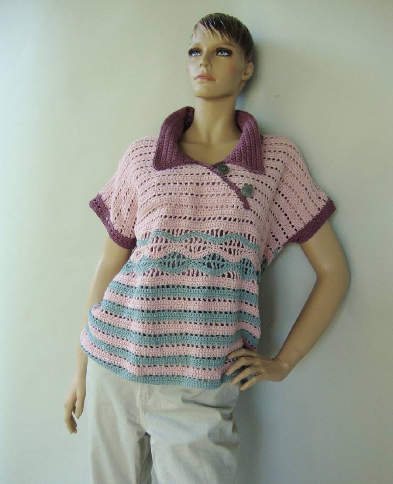 Gehäkeltes Poloshirt Aus Baumwollgemisch Rosa Streifen-Sommertop | Größe M/L von toivima