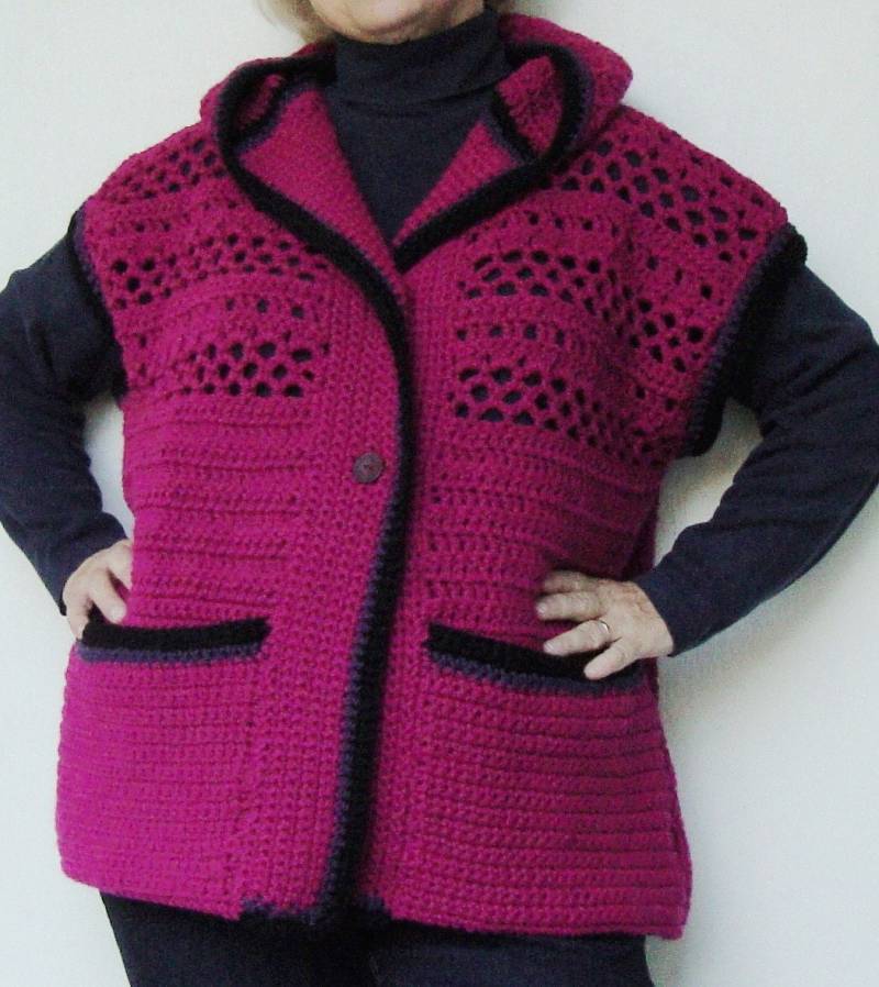 Hand Gehäkelte Kapuze Pullover Weste Magenta Acryl Plus Größe Xl/1X von toivima