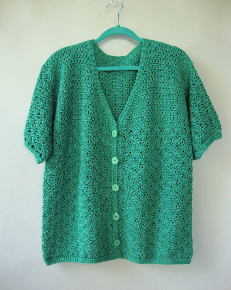 Handgehäkelte Bambus Baumwolle Strickjacke - Türkisgrün, Grösse L von toivima