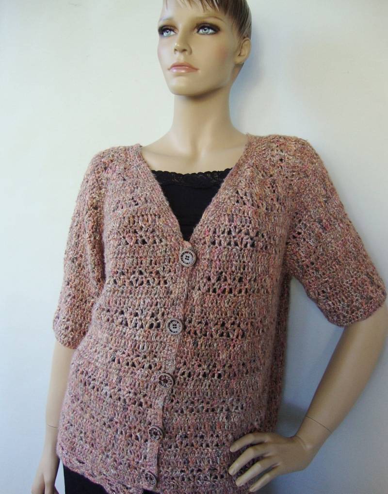 Handgehäkelte Seide-Leinen Strickjacke Orange Beige Spitze Top von toivima