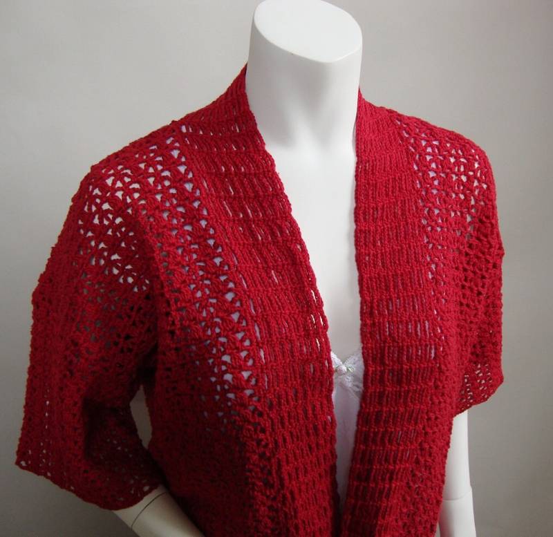 Rot Gehäkelte Kimono-strickjacke Hanf-Mischung, Kurzarm von toivima