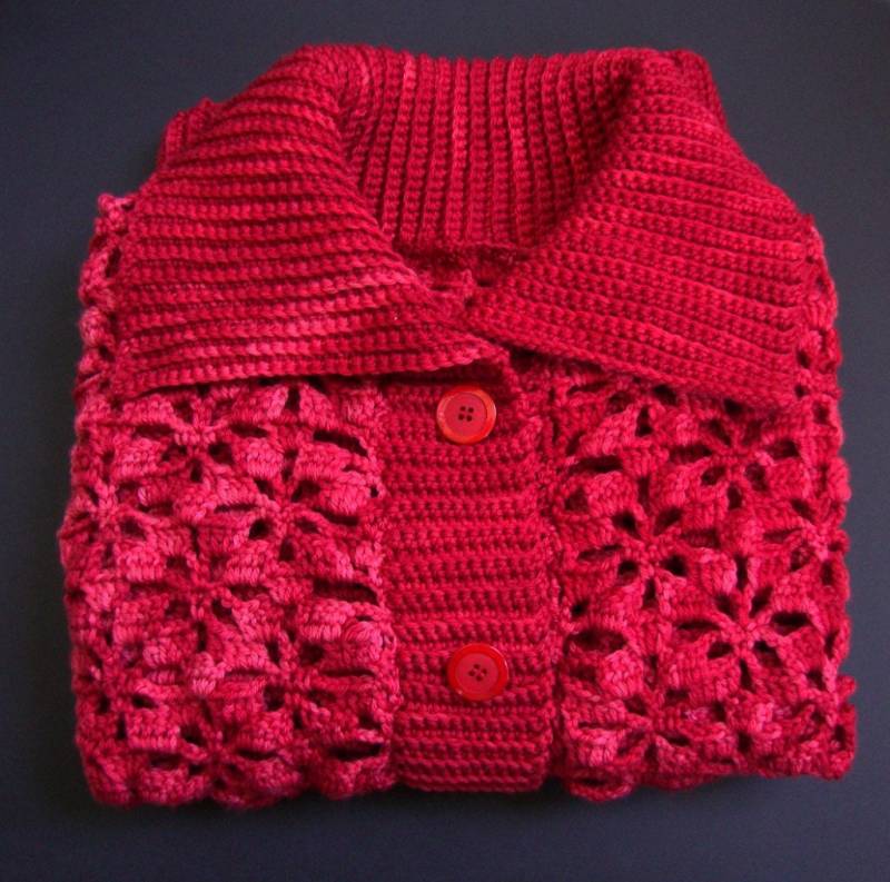 Roter Cardigan Aus Merinowolle Gehäkelt - Damenpullover, Größe L von toivima