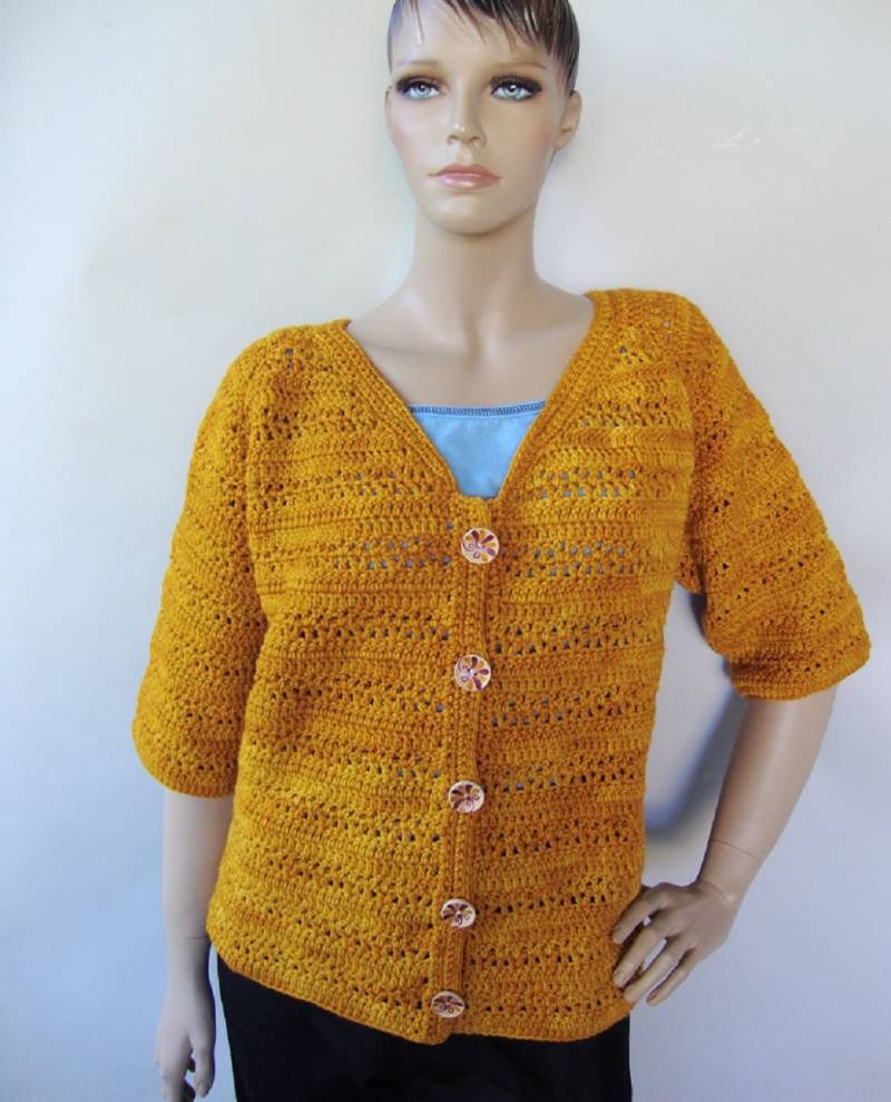 Safrangelbe Gehäkelte Merino Wolle Strickjacke - Damen Größe L von toivima