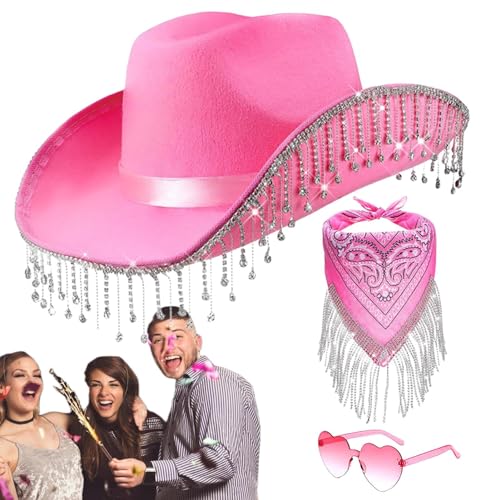 Cowboy Hut Damen Partybrille Accessoires - Cowgirl Hut - Cowboy Hut Cowboyhut Mit Strass Fransen Glitzer - Cowgirl Hut Karneval Kostüm Zubehör Kopfbedeckung Für Bachelorette Party Kostüme von tongfeng