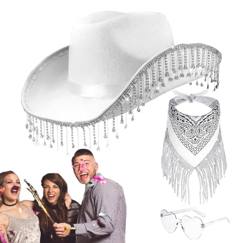 Cowboy Hut Damen Partybrille Accessoires - Cowgirl Hut - Cowboy Hut Cowboyhut Mit Strass Fransen Glitzer - Cowgirl Hut Karneval Kostüm Zubehör Kopfbedeckung Für Bachelorette Party Kostüme von tongfeng