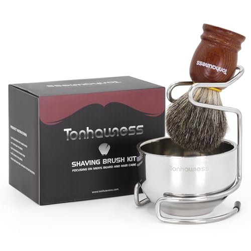 Rasierpinsel-Set für Männer, 3 in 1 Rasierpinsel-Set enthält reines Rasierpinsel, 3 Schichten Edelstahl Rasierschale und Ständer für Nassrasur Geschenk von tonhawness
