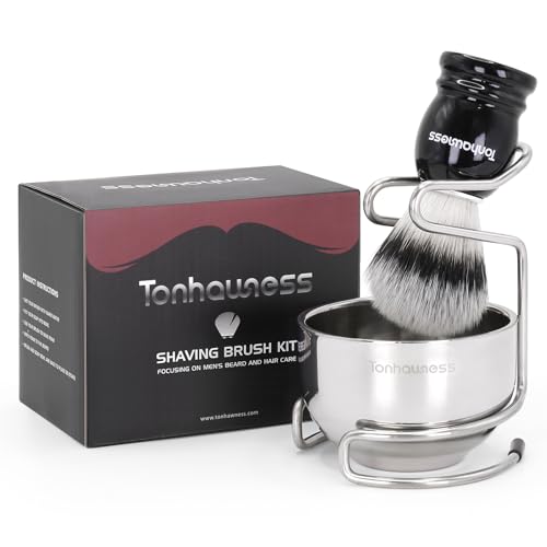 Rasierpinsel-Set für Männer, 3-in-1-Rasierpinsel-Set mit Nylonborsten, Rasierpinsel, 3 Schichten Edelstahl-Rasierschale und integriertem Form-Rasierständer für Herren, Geschenk für Herren, Schwarz von tonhawness