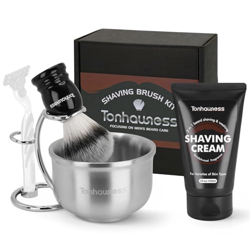 Rasierpinsel-Set für Männer, 4-in-1-Rasierpinsel-Set mit Nylonborsten, Rasierpinsel, Sandelholz-Rasiercreme, Edelstahl-Rasierschale und Ständer von tonhawness