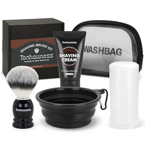 Reise-Rasierpinsel-Set für Männer, 5-in-1-Rasierpinsel-Set mit Nylonborsten, Rasierpinsel, Reiseetui, Rasiercreme, faltbare Rasierschale und Kulturbeutel für Reisen, Urlaub von tonhawness