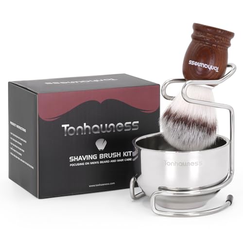 Tonhawness Rasierpinsel-Set für Männer, 3-in-1-Rasierpinsel-Set mit Nylonborsten, 3 Schichten Edelstahl-Rasierschale und Ständerhalter-Kit für Nassrasur Geschenk von tonhawness