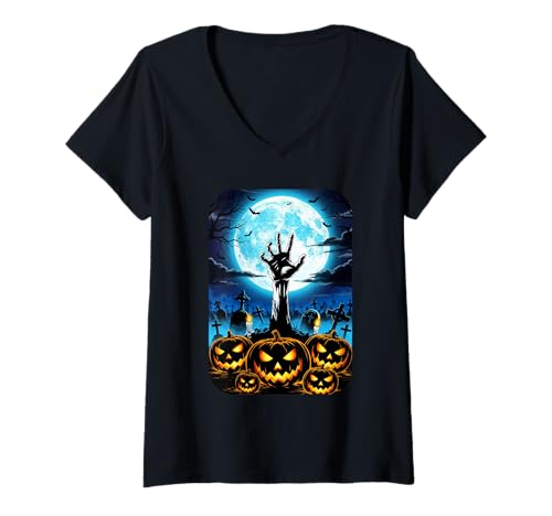 Damen Halloween Zombie-Hand auf dem Friedhof T-Shirt mit V-Ausschnitt Damen Halloween Zombie-Hand auf dem Friedhof T-Shirt mit V-Ausschnitt von tonycastell