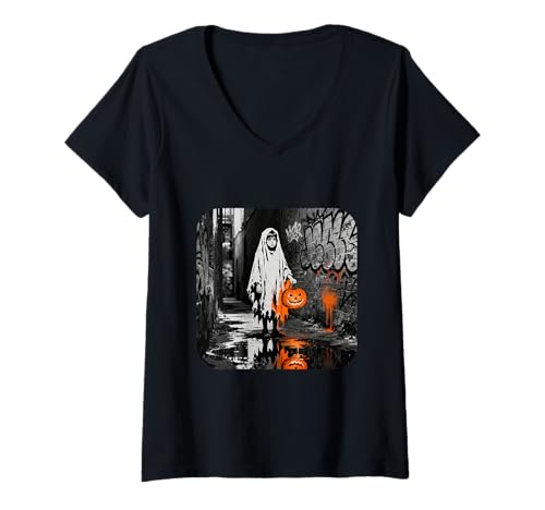 Damen Junge in der Gasse als Halloween Verkleidet T-Shirt mit V-Ausschnitt Damen Junge in der Gasse als Halloween Verkleidet T-Shirt mit V-Ausschnitt von tonycastell